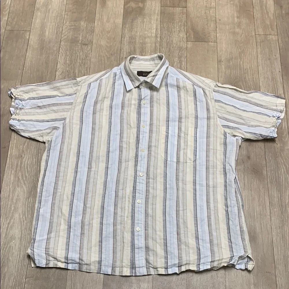 Mens Tasso Elba Linen Blend Button Down Stripe Pocket Shirt - Picture 1 of 6